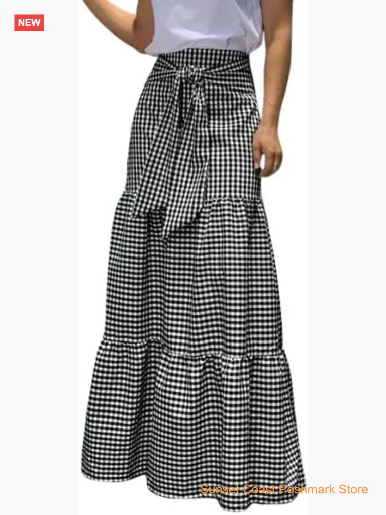 Boho Elastic Waist Maxi Skirt Casual Plaid Tie Front A-Line Swing Tiered